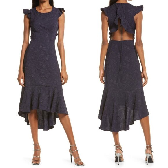 Lulu's Jacquard Sophisticated Soiree Navy Blue High Low Open Back Ruffles - Picture 8 of 15